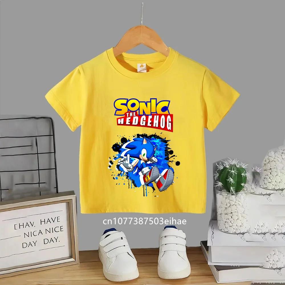 Summer Short Sleeve Kids TShirt Anime Sonic Cartoon Pattern Round Neck Casual Fashion Comfortable Breathable Daily Play Clothes
