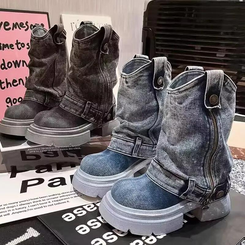 Fashion Denim Ankle Boots For Women Round Toe Thick Bottom Side Zipper Belt Buckle Female Shoes Solid Color Low Heel Designer New Brand