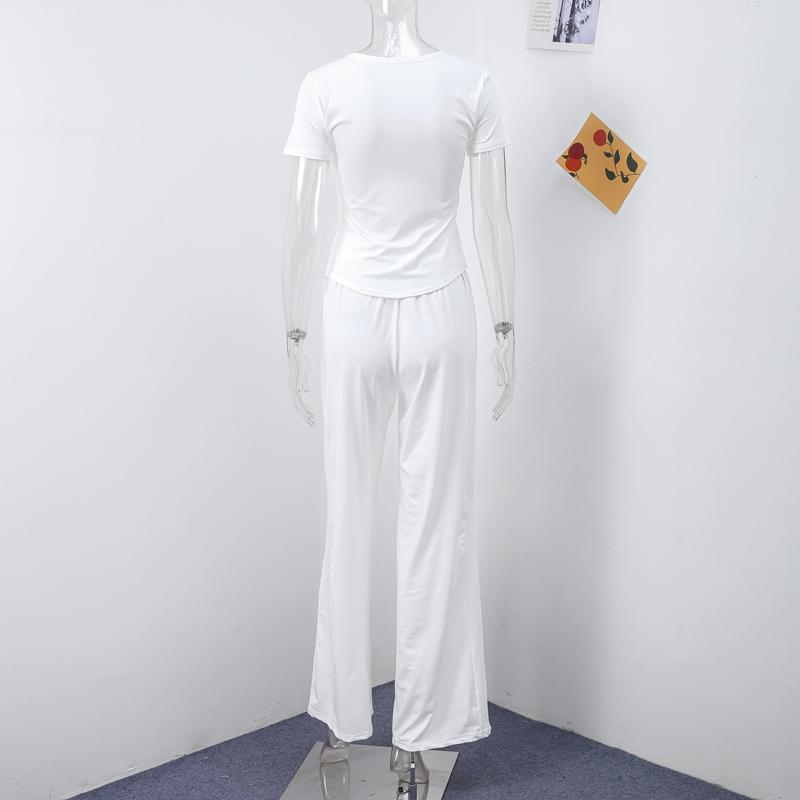 Повседневный костюм с длинными брюками для женщин с круглым вырезом и короткими рукавами, футболка с эластичной резинкой на талии, комплект брюк, весенне-летний однотонный женский пригородный наряд