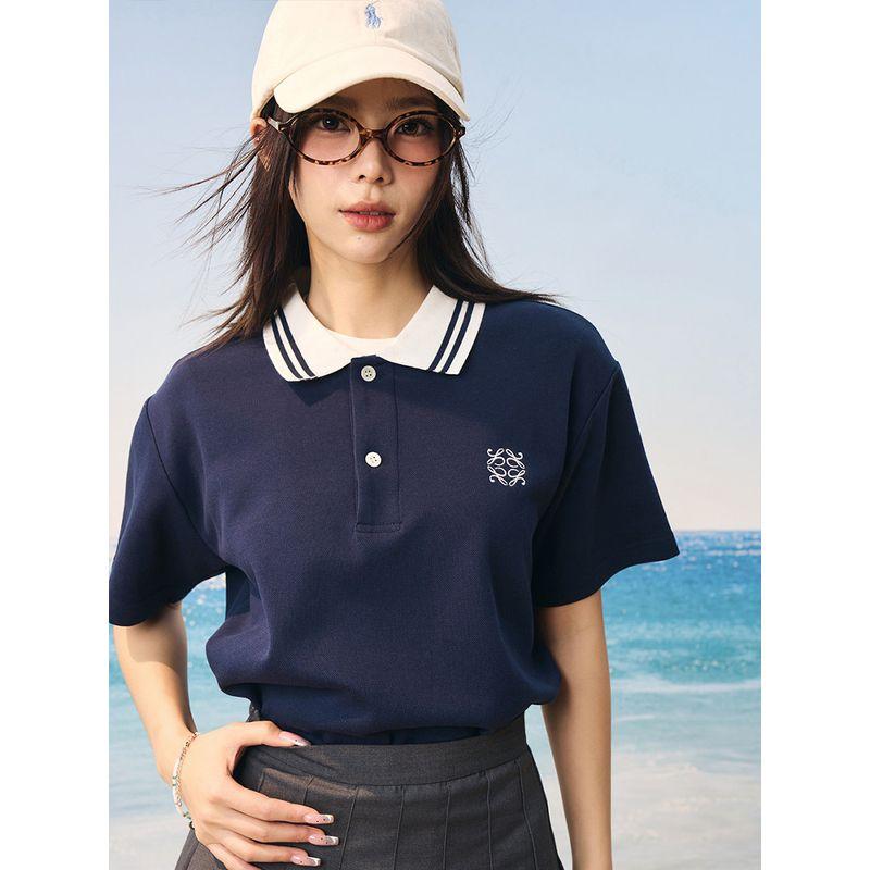 HACR Women Harshandcruel Korean Style High JGG Miu Style Embroider Color Matching Texture Half Cardigan Short-Sleeve Polo Shirt