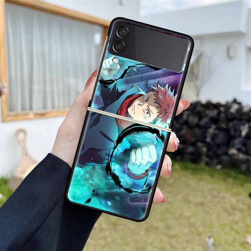 Роскошный чехол для Samsung Galaxy Z Flip 4 3 5G Черные жесткие ПК чехлы для телефона Модная задняя крышка ZFlip Funda Jujutsu Kaisen Аниме-оболочка