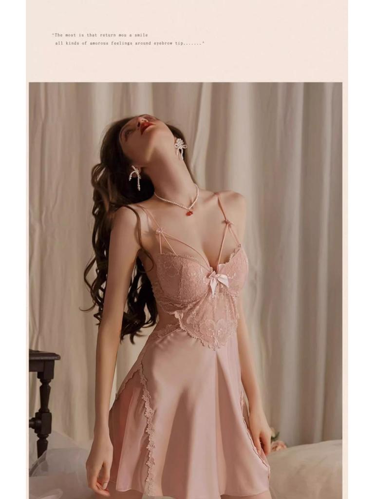 Exquisite Ice Silk Lace Nightgown - Enhances Bust with Pads, Elegant Spaghetti Straps, Perfect for Date Nights