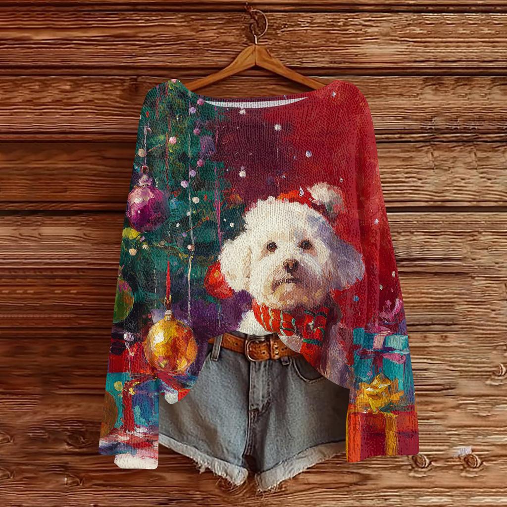 Женский повседневный модный топ с круглым вырезом, рождественским принтом, длинным рукавом, вязаный пуловер