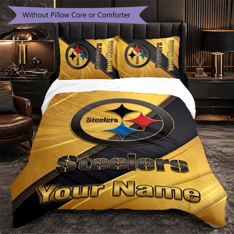 Pittsburgh Steelers Customized Name Text Bedding Set, 1 Duvet Cover & 2 Pillowcases Personalized Bedroom Gift