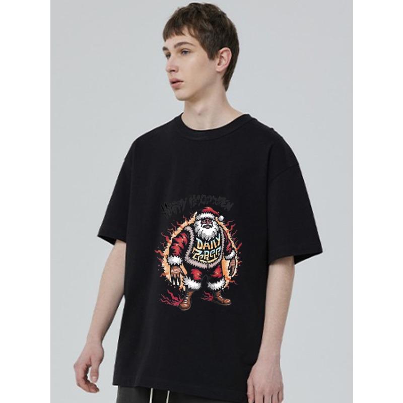 Черная футболка с принтом Санта-Клауса и пламени, дизайн «Счастливого Хэллоуина» для повседневной носки