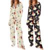2 Pcs/Set Christmas Women Pajamas Suit Satin Santa Printing Lapel Long Sleeve Top Wide Leg Pants Sleepwear Casual Home Wear Clothes