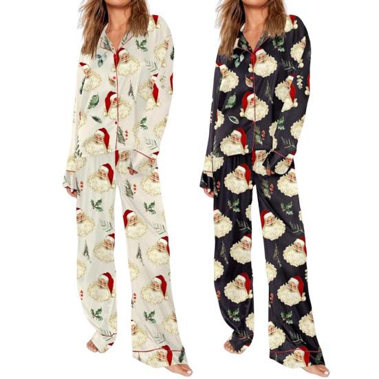2 Pcs/Set Christmas Women Pajamas Suit Satin Santa Printing Lapel Long Sleeve Top Wide Leg Pants Sleepwear Casual Home Wear Clothes