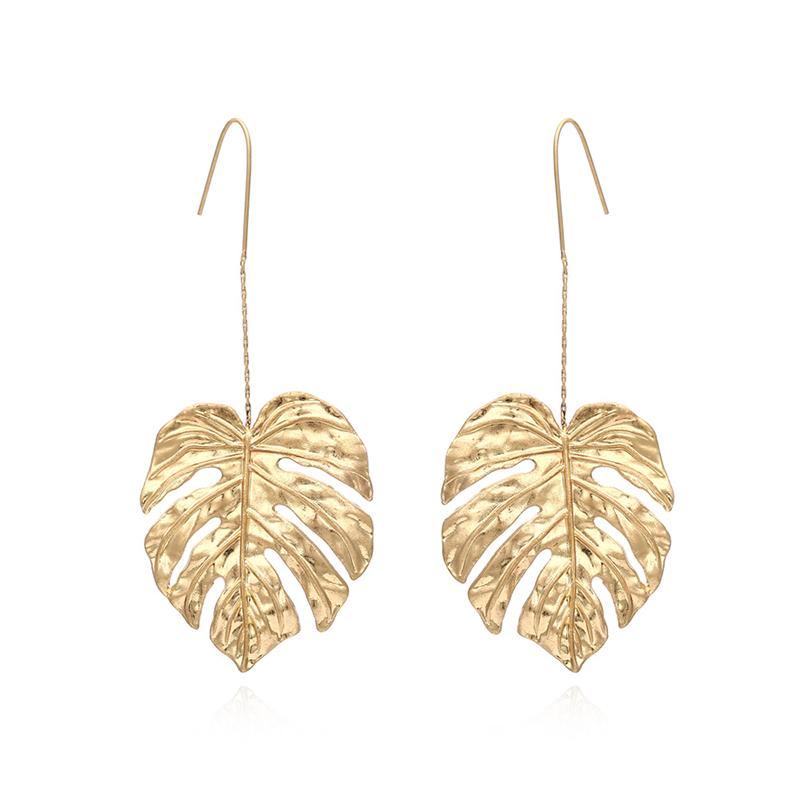Ethnic Long Leaf Earrings For Women Drop Dangle Zircon Geometric Hollow Leave Metal Beat Punk Hip-Hop Personality Woman Earring