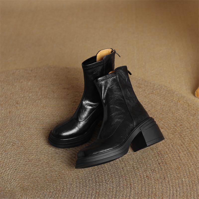 Vintage Platform Heels Women Ankle Boots Fashion Round Toe Stretch Slim Short Booties Shoes Mujer