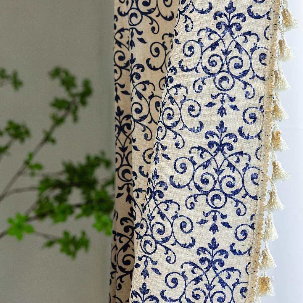 Curtain Finished Coffee Short Curtain Small Window Shame Half Curtain Blue Printed Curtain
