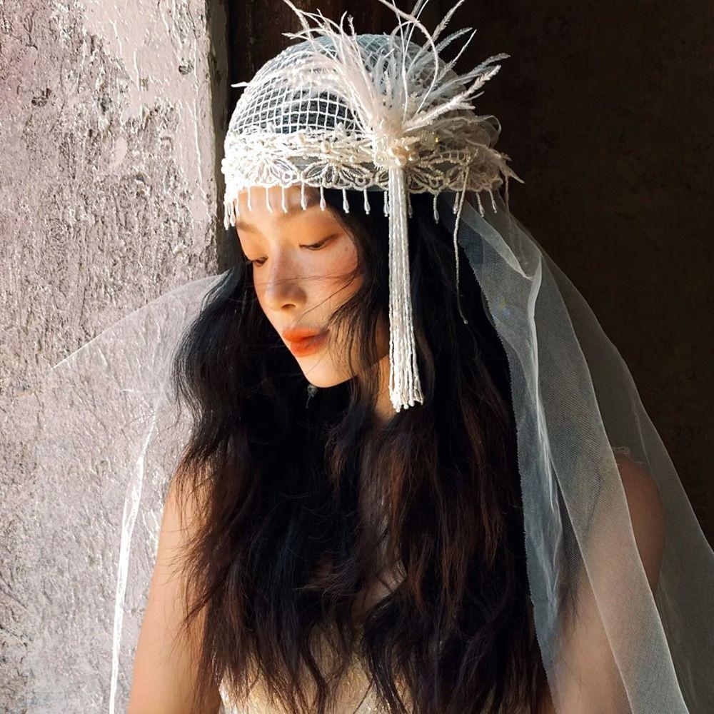 French Style Bride Lace Bow Long Headband Retro Embroidered Bride Wedding Headwear Wedding Veil