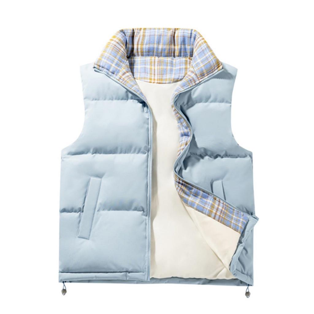 Мужской и женский повседневный клетчатый жилет в тон с внутренней и внешней стороны. Мужской утепленный жилет без рукавов на молнии со стойкой