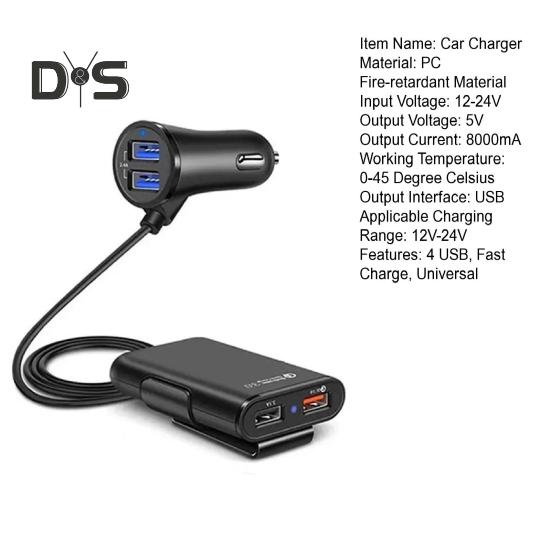 Автомобильное зарядное устройство QC3.0 3.1A 2.4A 4 USB 1.8M Кабель для переднего и заднего сиденья Универсальный высокой мощности 8A Быстрая зарядка Автомобильный зарядный адаптер Автомобильные принадлежности