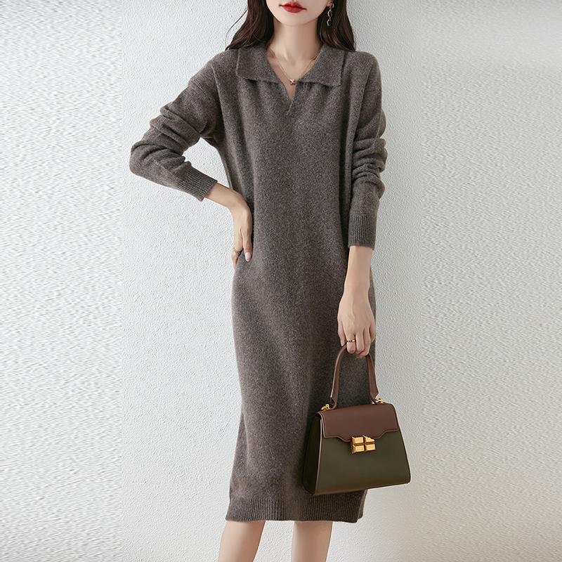 Женское платье-свитер 100% шерсть MODERN NEW SAGA V-образный вырез трикотажный длинный пуловер воротник поло зимние джемперы шерстяное длинное платье женское