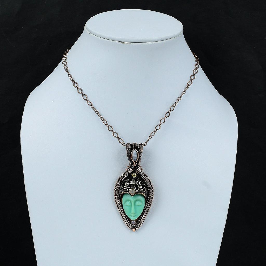 Зеленый резной кулон с лицом из кости, медная проволока, обернутые ювелирные изделия, кулон ручной работы, радужный лунный камень, ювелирный подарок для женщин, медный кулон с драгоценным камнем