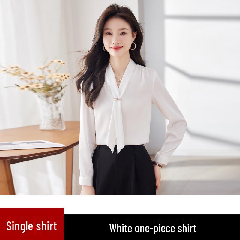 Весна 2024 Женская блузка из струящегося атласа с воротником-стойкой и завязками - Свободный крой, Профессиональный OL-дизайн