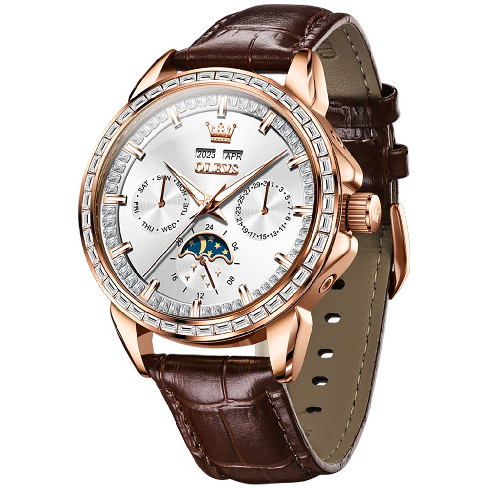 OLEVS Luxury Automatic Men Watch Rose Gold Crystal Bezel Moon Phase Brown Leather Strap Multifunction Male Wristwatch Gift