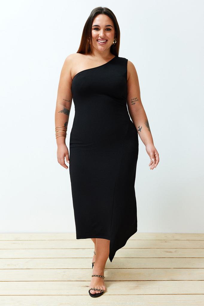 Women's Style Plus Size Dress Black One-Shoulder Asymmetrical Knitted Dress