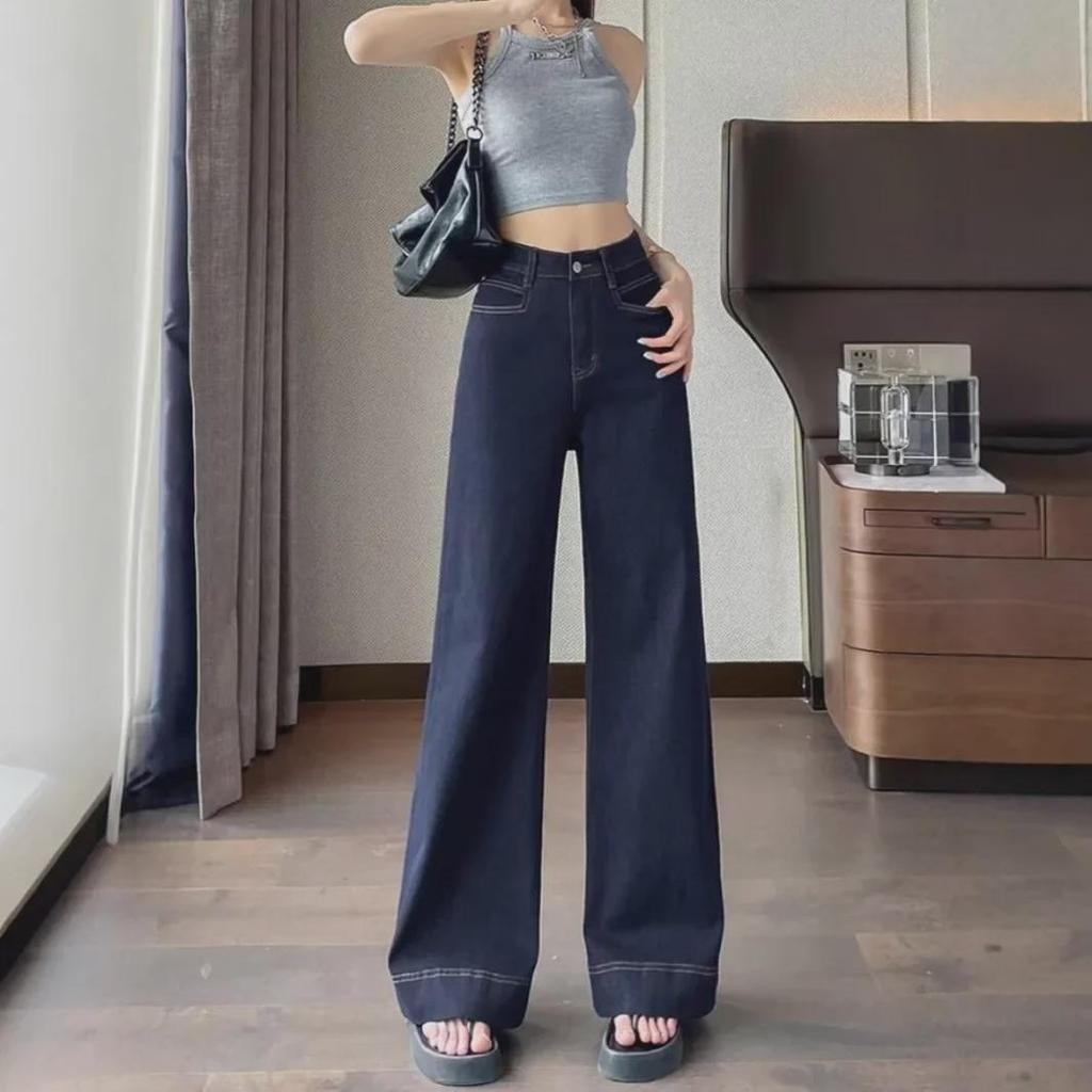Women's High Waist Wide Leg Jeans - Dark, Narrow Fit, Hip-Covering, Loose, Straight, Small Size for Autumn/Winter 2024