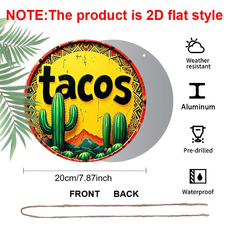 2D Flat, 1pc Round Tacos Cactus Aluminum Hanging Sign, Vintage Mexican Fiesta Desert Mountain Design, Retro Colorful Metal Wall Decor, Perfect for