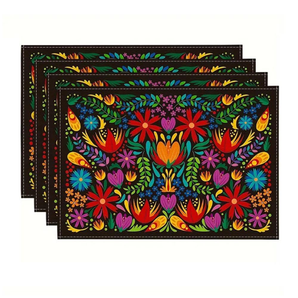 4Pcs Rectangular Boho Mandala Placemats Linen Floral Dining Mats Geometric Table Mat  Dinner