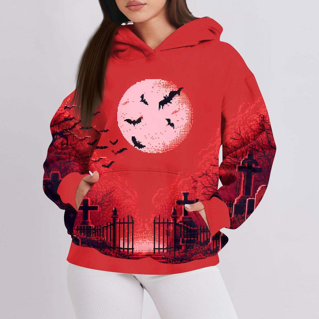 Women's Fashion Casual Pullover Hooded Sweatshirt Halloween Printed Long Sleeve Sweatshirt