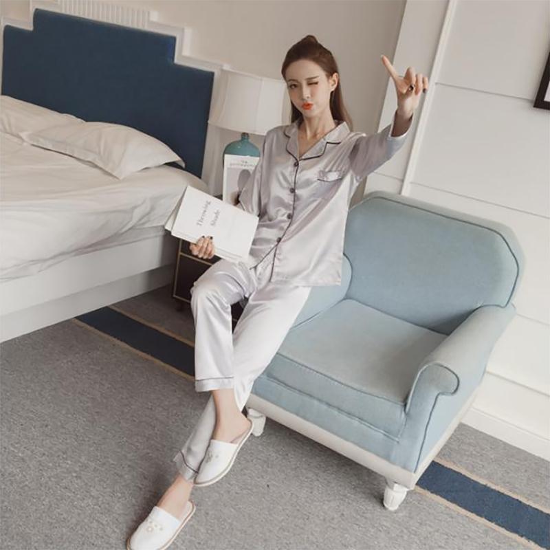 Женский пижамный комплект, весенне-осенний костюм для сна, шелковая рубашка, свободная повседневная домашняя одежда, топы и брюки с длинными рукавами, однотонные ночные рубашки больших размеров M-5XL