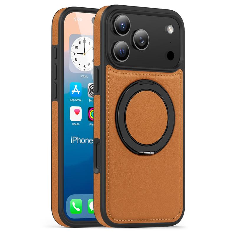 Кожаный чехол для телефона Magsafe iPhone 17 Air 16E 16 15 14 Plus 13 12 Pro Max Магнитный Поворотный на 360° Металлический держатель Подставка Задняя крышка