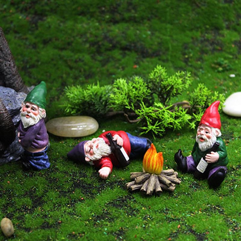 4PCS Fairy Garden Gnomes Accessories My Little Friend Drunk Gnome Dwarfs Statue