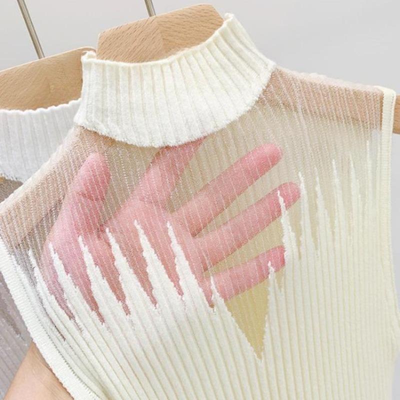 Женская однотонная трикотажная футболка без рукавов скинни, шикарный сетчатый жилет с полувысоким воротом, сексуальный ажурный топ