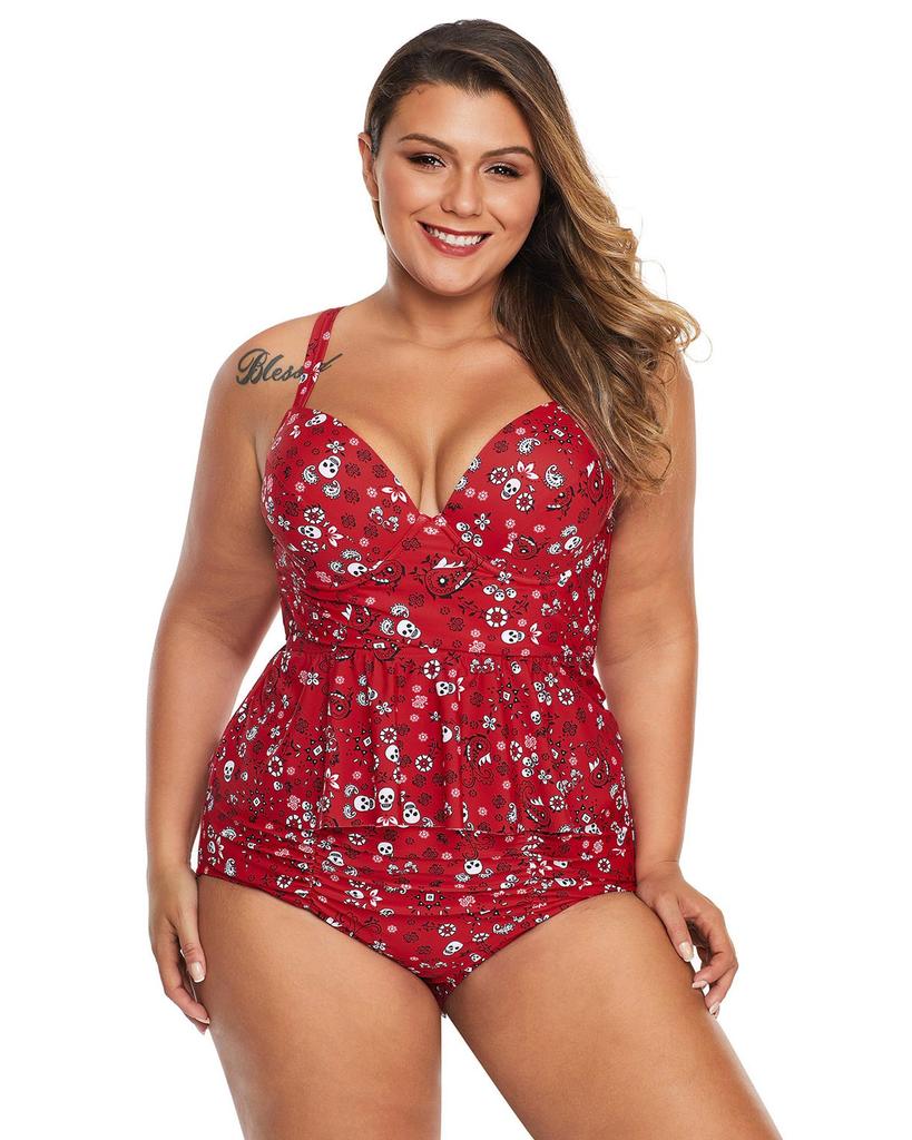 Azura Exchange Red Print Moulded Cups Peplum Plus Size Bikini