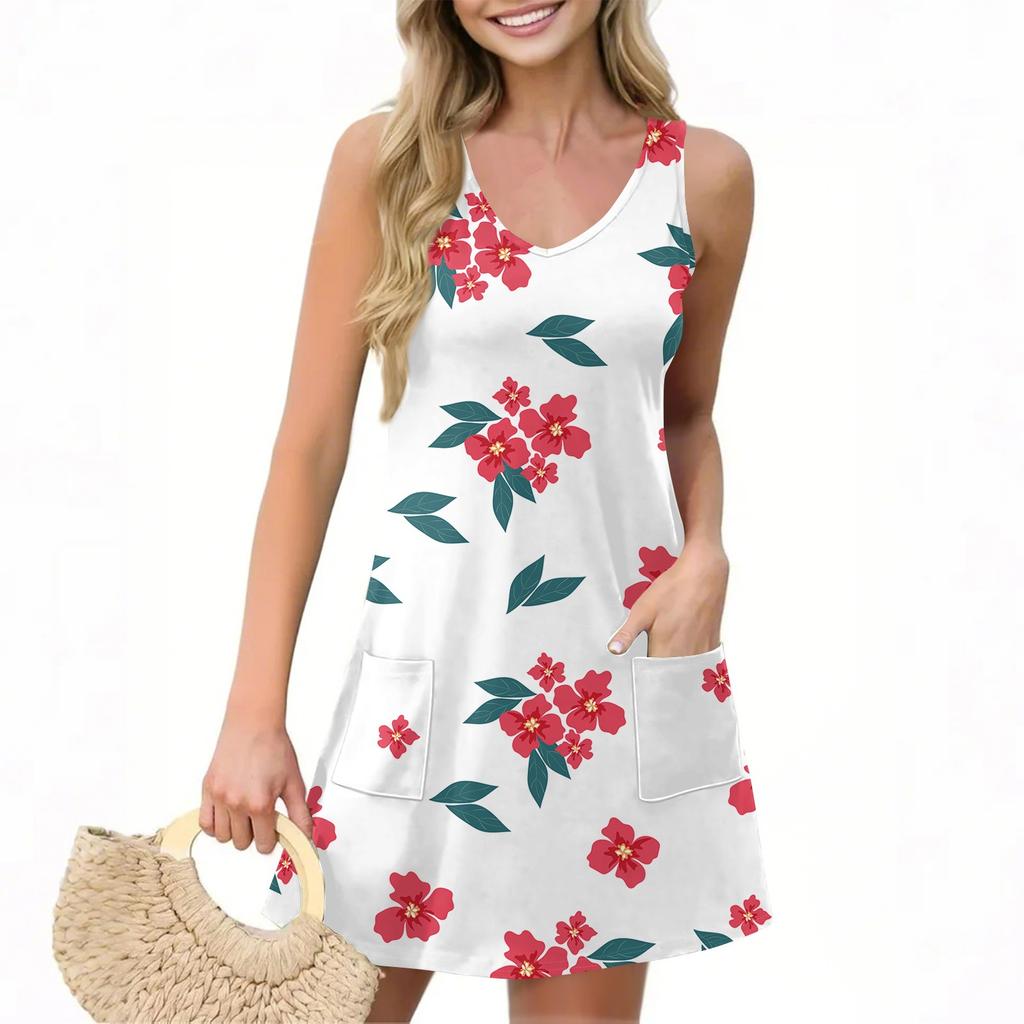 Женское повседневное летнее платье-жилет с карманами, цветочным принтом, V-образным вырезом, без рукавов