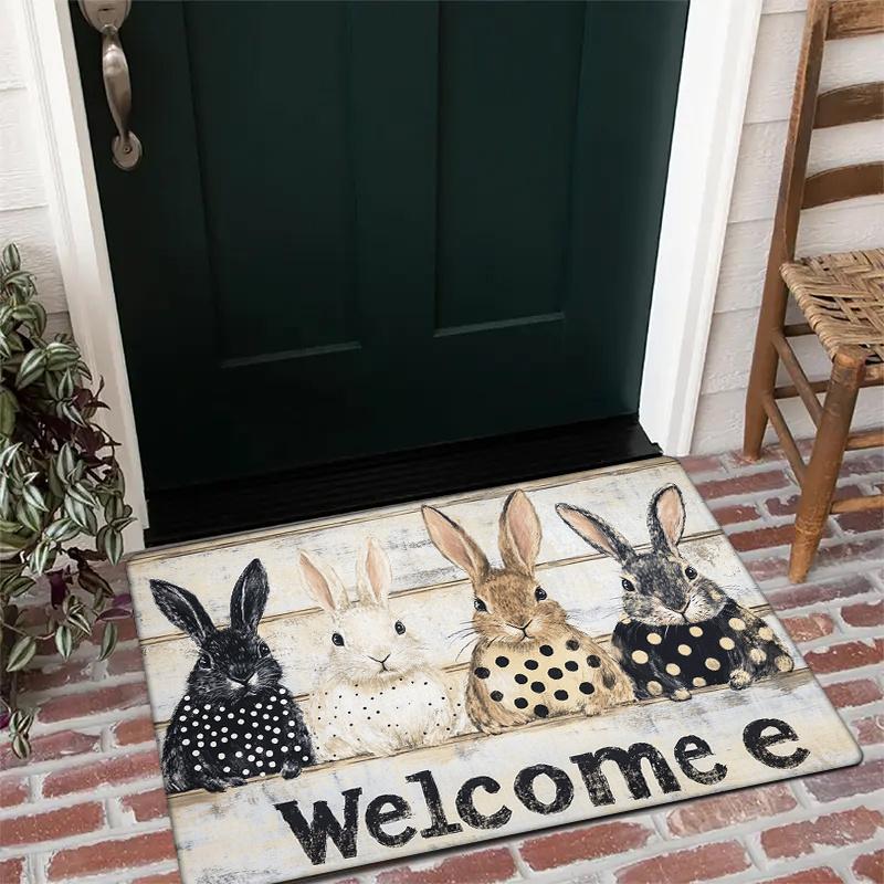 1pc Easter Bunny & Chick Design Welcome Mat - Non-Slip, Absorbent, Machine Washable, Fade-Resistant, Indoor/Outdoor Use, Polyest