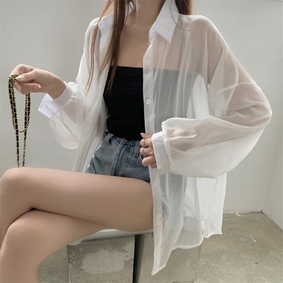 Summer Sun Protection Shirt Lapel Long Sleeve Button Down Shirt Pearlescent Chiffon Sunscreen Jacket Cover-up Outerwear