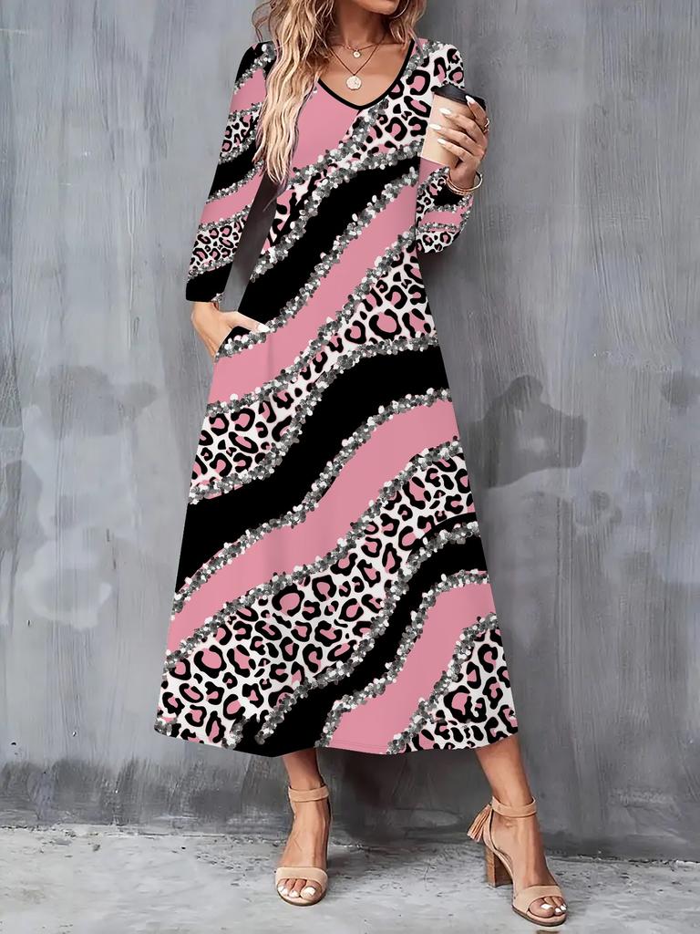2025 Осень и Зима Новое Женское Повседневное Модное Платье Осень 3D Леопардовый Принт Длинный Рукав V-образный Вырез А-силуэт Платья