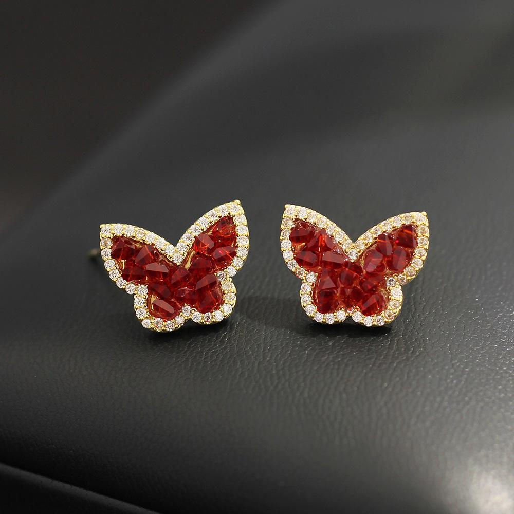 2025 Autumn and Winter New Red Crystal Butterfly Stud Earrings High-end Light Luxury Niche Design Unique Exquisite Earrings Women