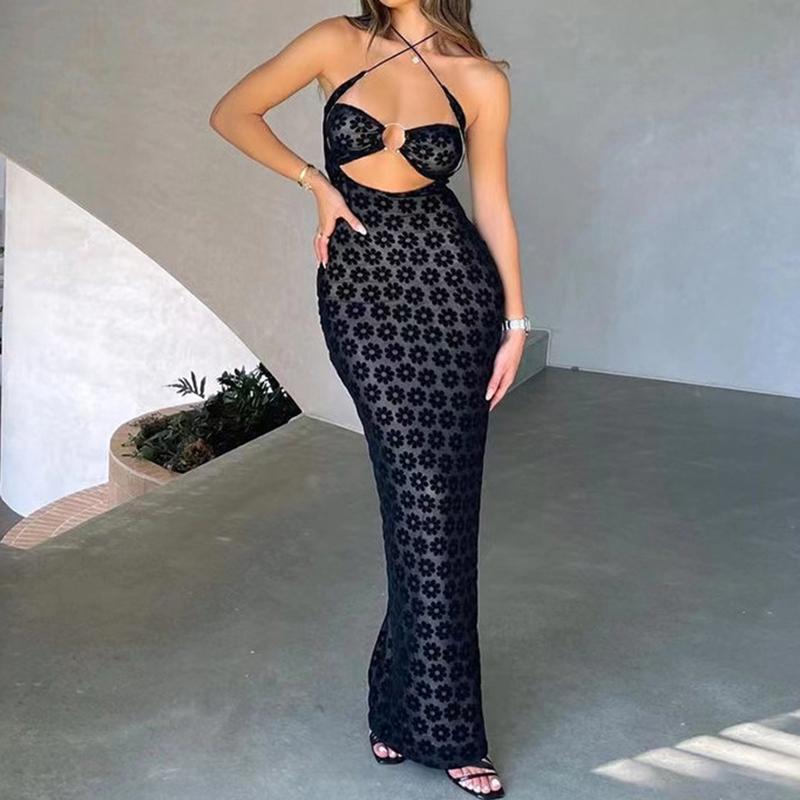 Прозрачное вечернее сексуальное платье с вырезами, женское летнее новое модное облегающее платье с лямкой на шее и открытой спиной, женское облегающее черное платье с высокой талией 1026