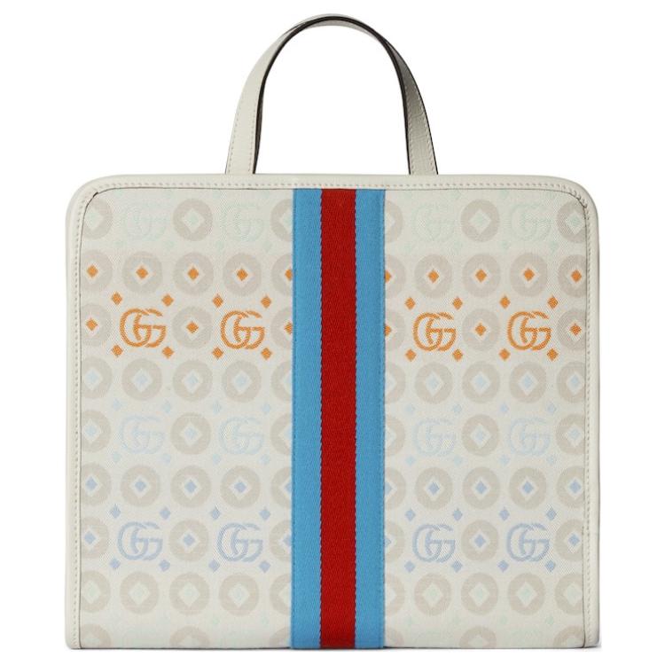 Gucci Double G Logo Magnetic Snap Closure Canvas And Leather Tote Bag Kids Tote Bags White Gray Light-Blue 605614-FADEM-8444