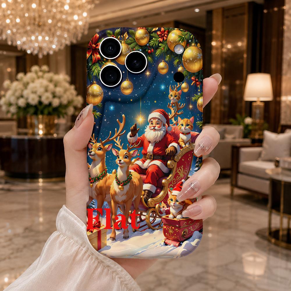 Wavy Glossy Soft TPU Shockproof Phone Cover, Festive Holiday Case For iPhone 16 15 14 13 12 Series, Christmas Gift For Cat Lovers