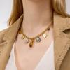 Youthway Resin Tiger Eye Stone Ceramic Flower Portrait Coin Pendant Necklace For Women 18K Gold Plated Stainless Steel Necklace
