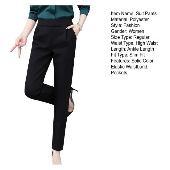 Women Solid Color Suit Pants High Waist Elastic Waistband Slant Pockets Slim Fit Casual Long Trousers Workwear