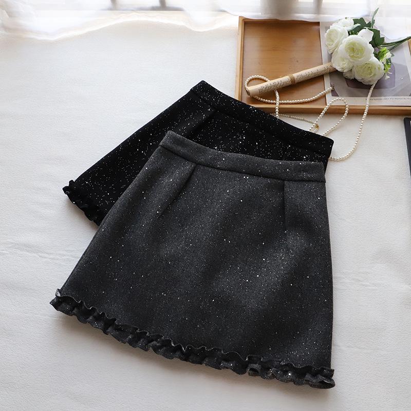 Bi Zheng 2024 Блестящая твидовая мини-юбка с кружевом, маленькая, облегающая