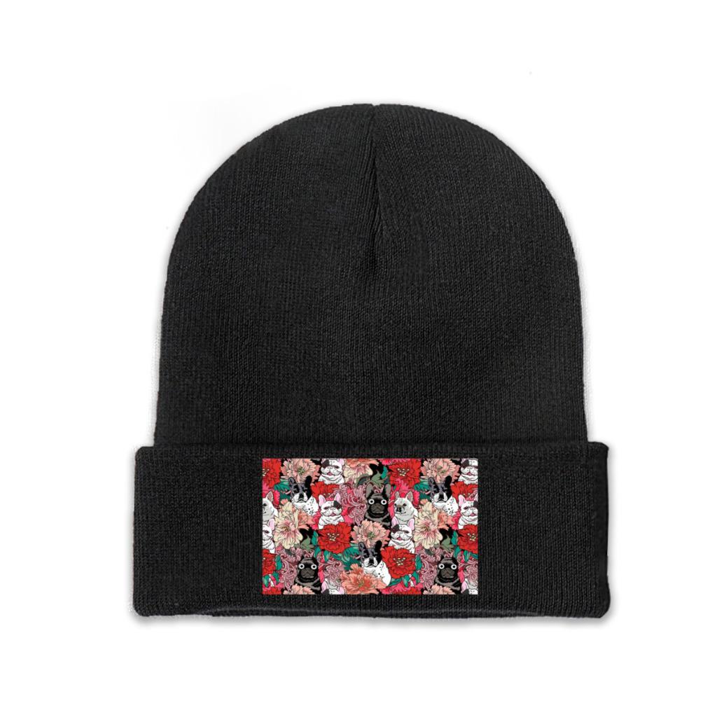 Flowers French Bulldog Knit Hat Beanie Winter Hats Warm Acrylic Street Caps Unisex Women