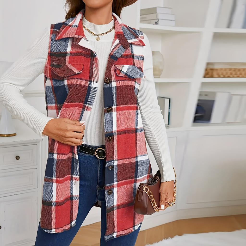 Women's Fashion Casual Sleeveless Long Plaid Button With Pocket Vest Jacket