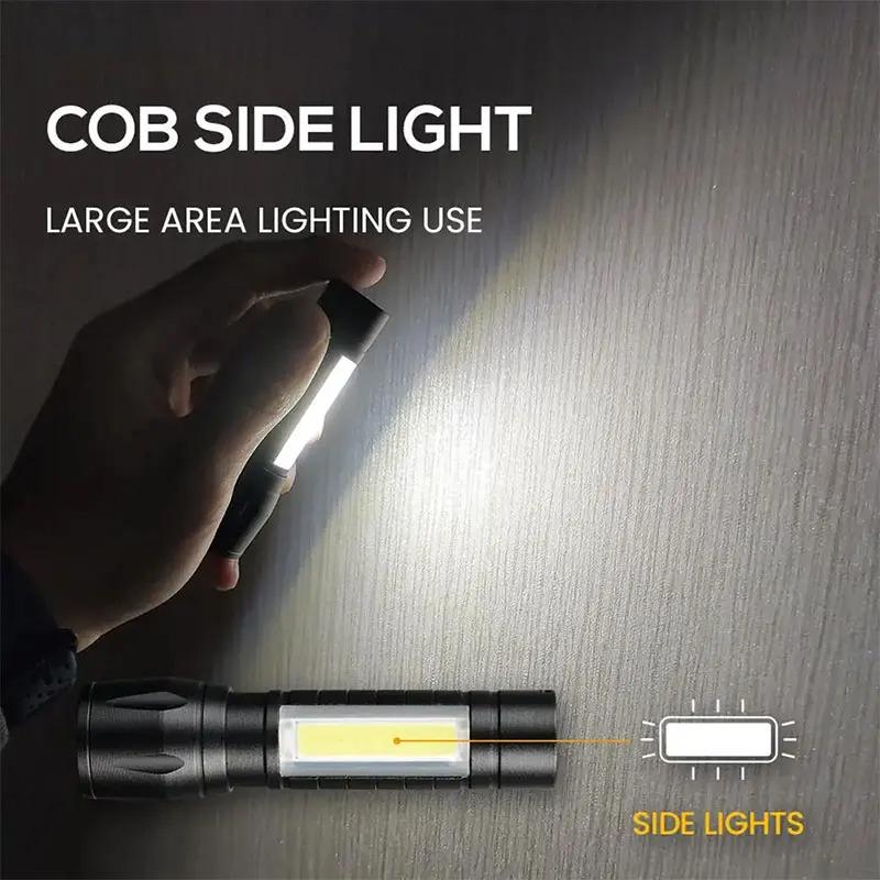 Mini Zoomable LED Flashlight with XPE and COB Side Light USB Rechargeable, Waterproof, High Power Torch for Outdoor, Camping, Emergency Use