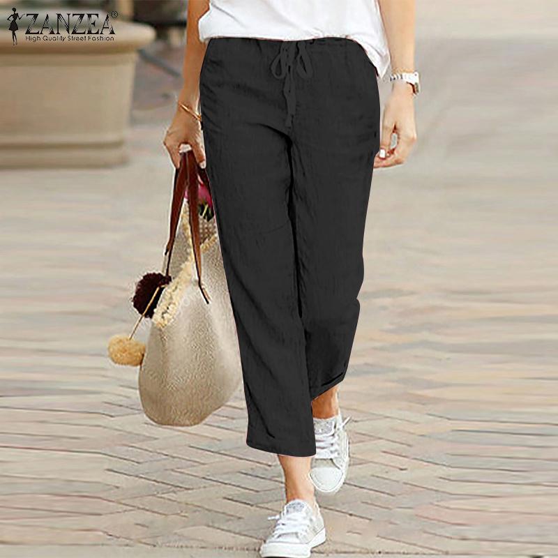 ZANZEA Женские повседневные брюки с эластичной резинкой на талии и шнурком, однотонные
