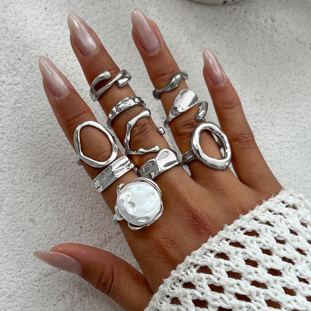 Baroque Pearl Hollow Open Rings Set for Women Punk Irregular Geometry 3/10Pcs/Set Adjustable Ring Hip Hop Knuckle Female Zircon