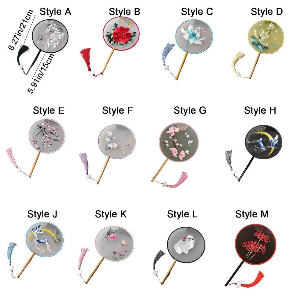 Round Double Sided Embroidery Fan Chinese Style Flower Silk Fan Vintage Hanfu Hand Fan for Guests