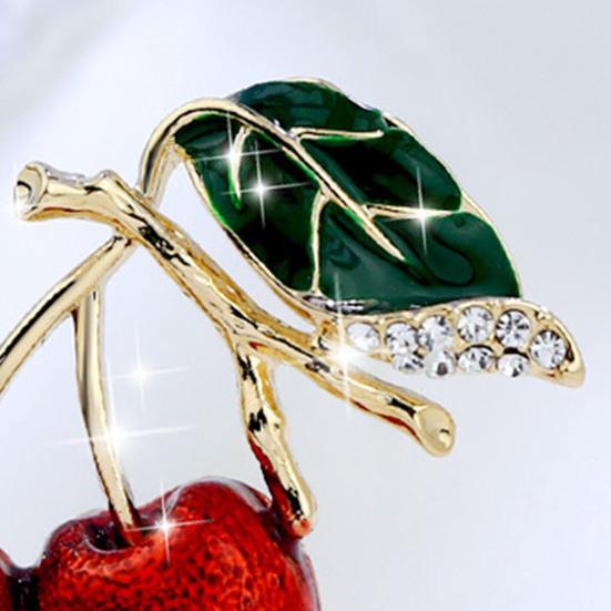 Cute Cherry Rhinestone Leaf Enamel Vibrant Vivid Cherry Brooch Color Pin Shawl Scarf Lapel Badge