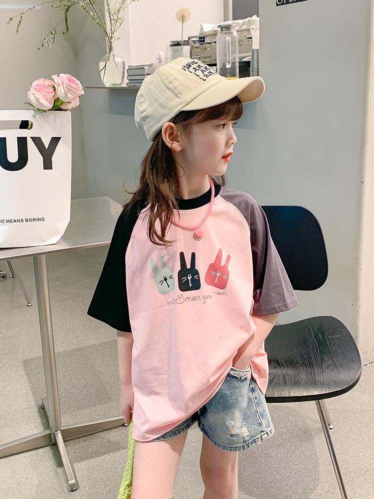 Girls Summer Fashion Raglan Sleeve T Shirt Stylish Kids Casual Short Sleeve Top